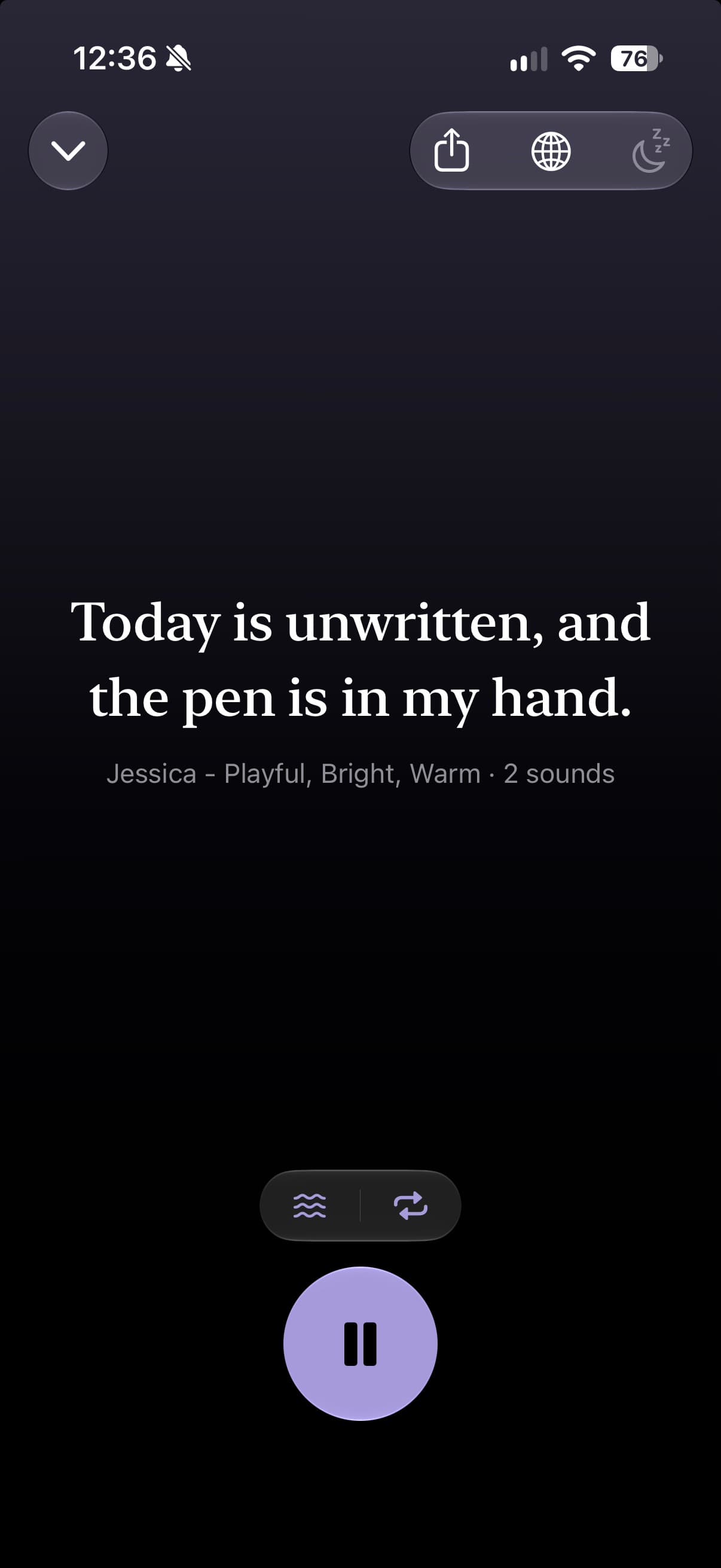 A line playing full screen, credited to a voice and two sounds, with a pause button beneath it.