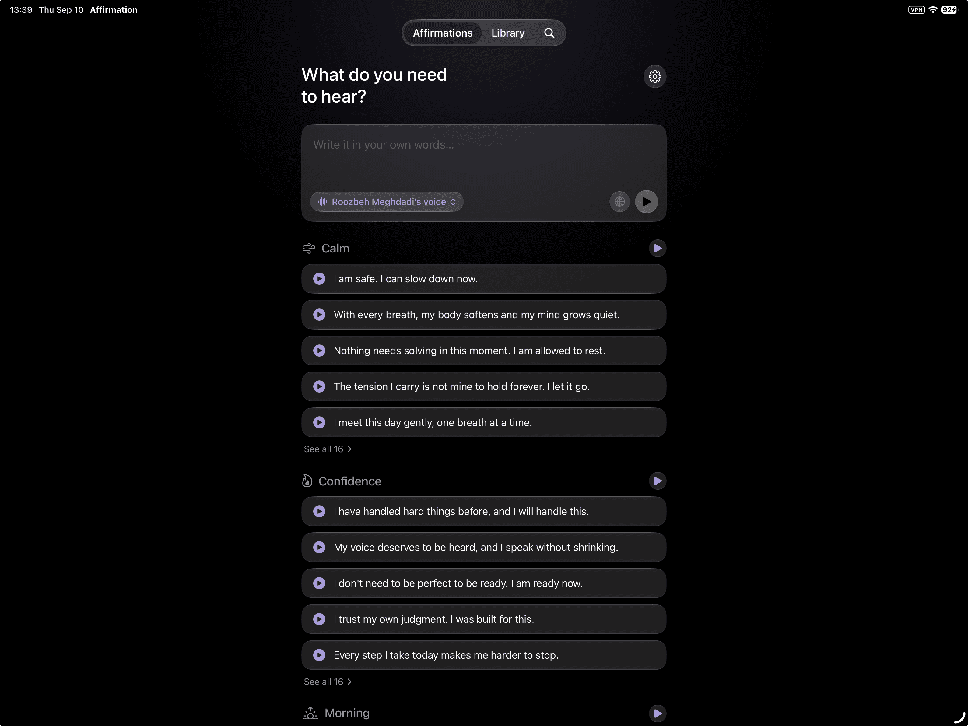 The app on an iPad: the question, a field to write your own line, and the Calm and Confidence sets open below it.